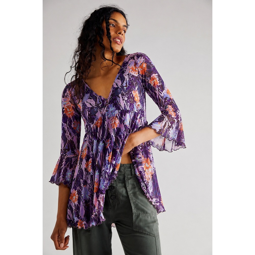 Free People Beach Babe Floral Mesh Tunic XL Purple Bell Sleeve Boho V-Neck Top